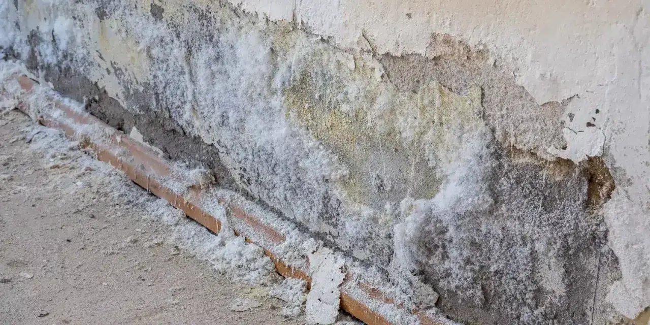 Mur dégradé par l'humidité, recouvert de salpêtre blanc. Une canalisation en terre cuite est visible à la base. Il faut nettoyer ce salpêtre.