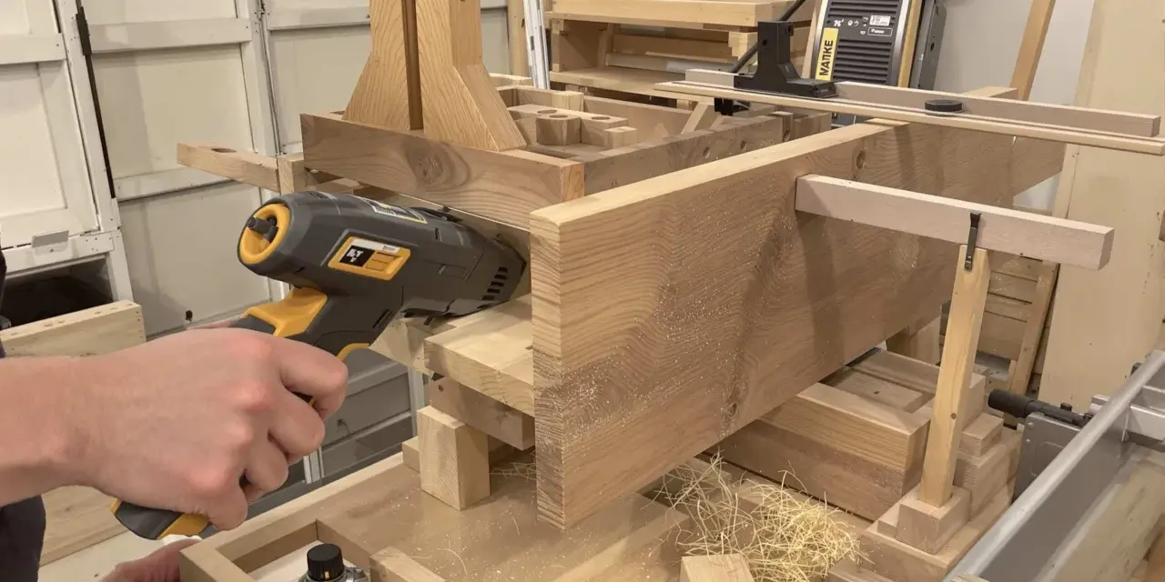 Un artisan utilise un outil pour enlever le saturateur bois d'une pièce de bois massif.