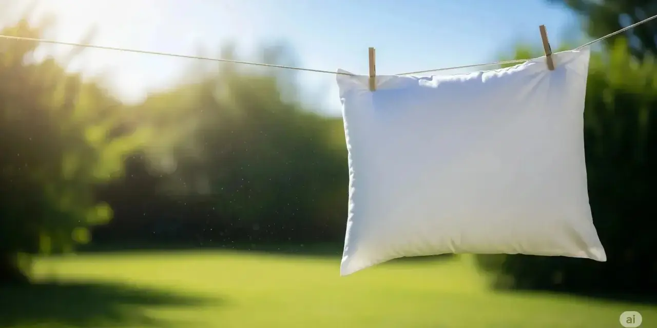 Un oreiller blanc sèche au soleil, suspendu à une corde à linge avec des pinces à linge. Un symbole de fraîcheur et de propreté après un bon nettoyer oreiller.