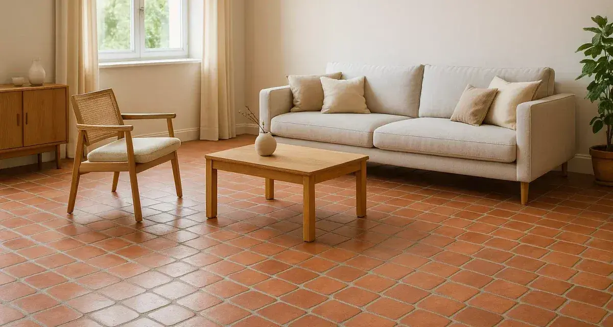 Un salon cosy avec un canapé clair, un fauteuil en rotin et un sol en **sol tomette ancienne** réchauffant l'atmosphère.