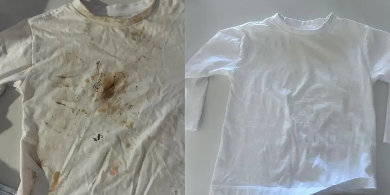 Avant/après : une chemise blanche tachée de terre et de nourriture, puis parfaitement propre. Une démonstration de comment enlever tache sur chemise blanche.