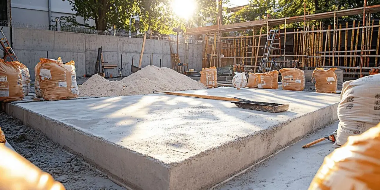 Préparation pour rénover une terrasse en dalle béton : sacs de ciment, sable et une dalle fraîchement coulée sous le soleil.