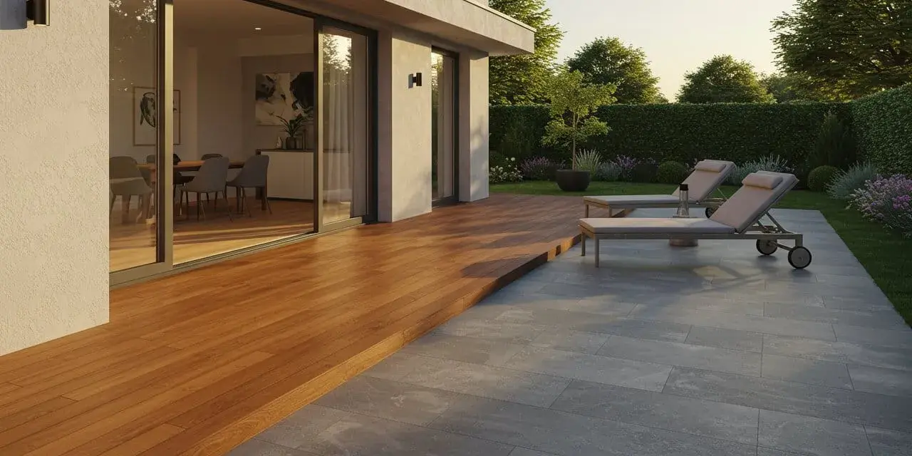 Une terrasse en ardoise naturelle grise, adjacente à une terrasse en bois, avec des chaises longues et un jardin luxuriant.