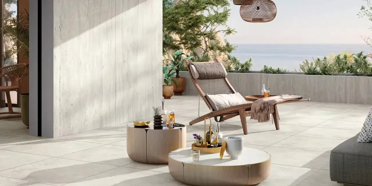 Terrasse avec pose travertin sur carrelage existant. Chaise longue, tables basses et vue mer. Ambiance détente.