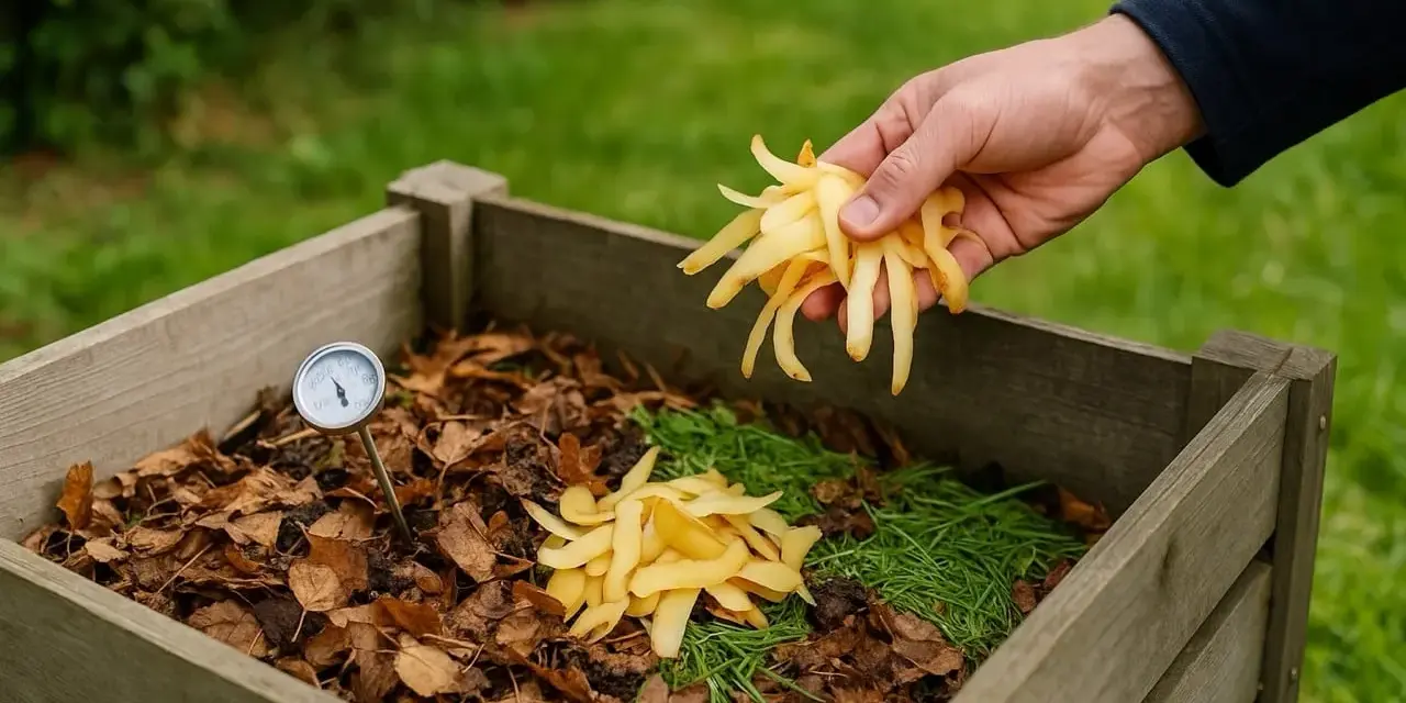 Une main ajoute des épluchures de pomme de terre dans un composteur en bois, à côté d'un thermomètre.