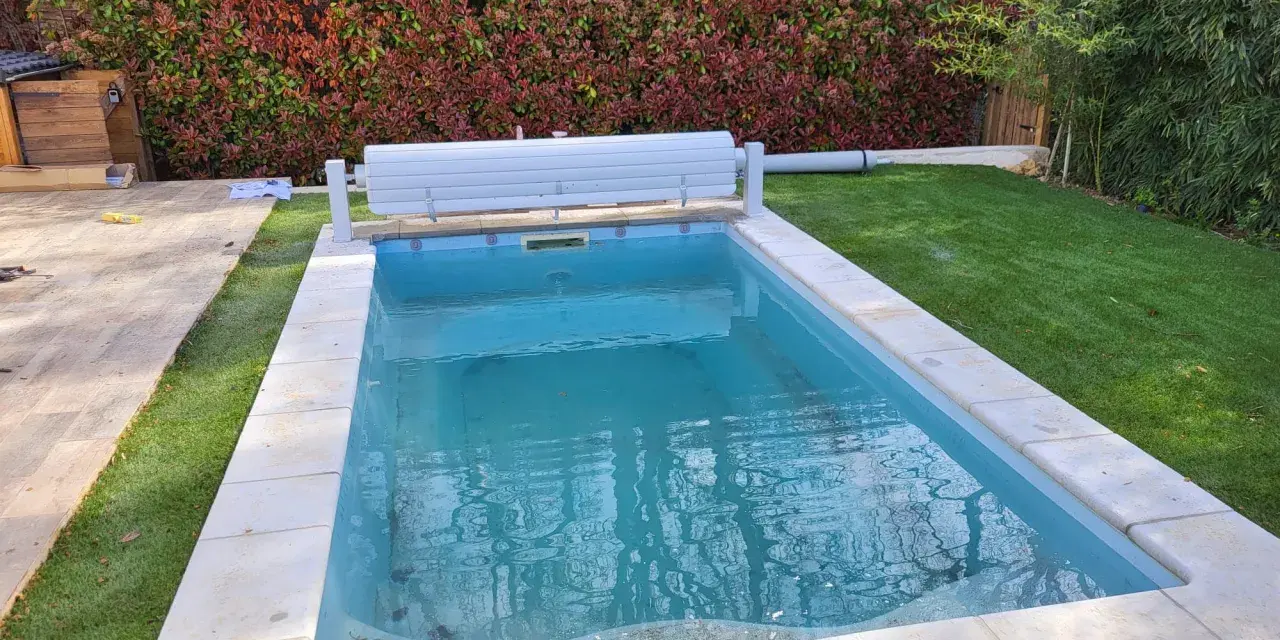 Piscine en béton avec des taches noires sur le fond, entourée de gazon et d'une haie.