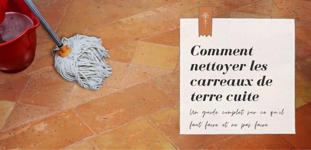 Un seau rouge et une serpillère sur des carreaux de terre cuite, prêts pour le traitement.