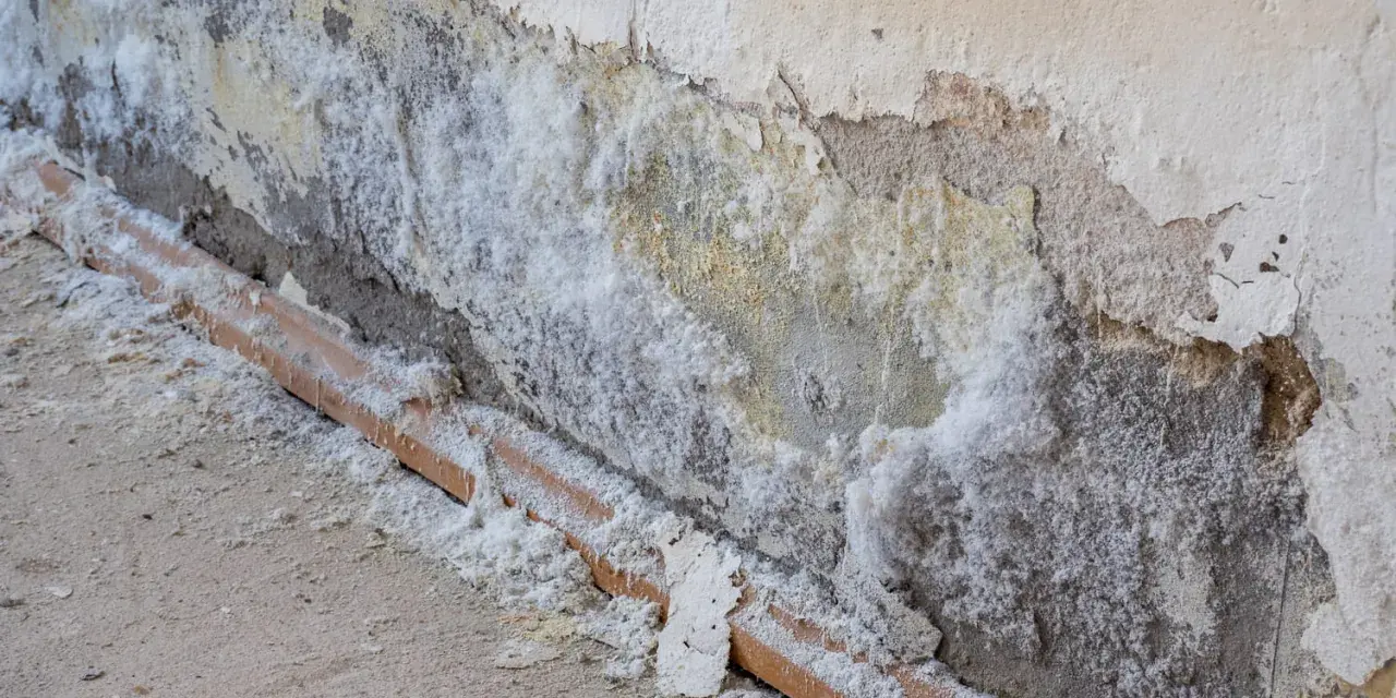 Mur dégradé par l'humidité, avec des efflorescences de salpêtre sur le carrelage et le mur.