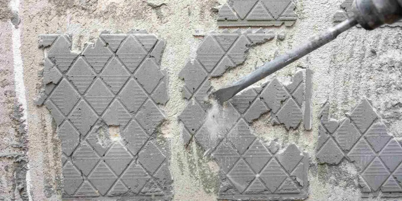 Outil pneumatique en action pour enlever ciment colle sur carrelage. Poussière et débris volent.