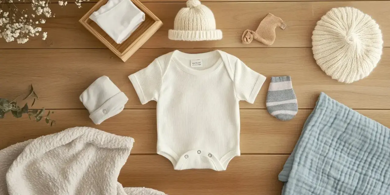 Ensemble de vêtements pour bébé : body, bonnets, chaussettes et couverture. Prêt pour le laver linge bébé.