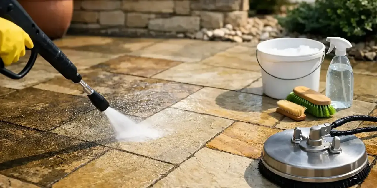Nettoyer une terrasse en pierre très sale avec un nettoyeur haute pression et des brosses. Un seau et un spray sont prêts pour le nettoyage.