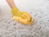 Main tenant, une main gantée de jaune frotte une moquette épaisse. Le nettoyage moquette vapeur redonne son éclat à ce tapis.