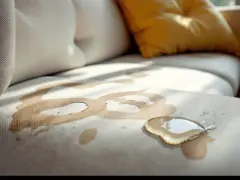 Une tache auréole sur le tissu d'un canapé beige, avec une flaque de liquide brun clair.