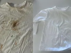 Avant/après : une chemise blanche tachée de terre et de nourriture, puis parfaitement propre. Une démonstration de comment enlever tache sur chemise blanche.