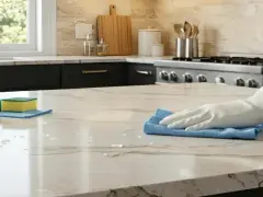 Main dans un gant blanc essuyant un comptoir en marbre avec un chiffon bleu. Des produits de nettoyage et des éponges sont visibles. Un bon traitement pierre pour une cuisine éclatante.