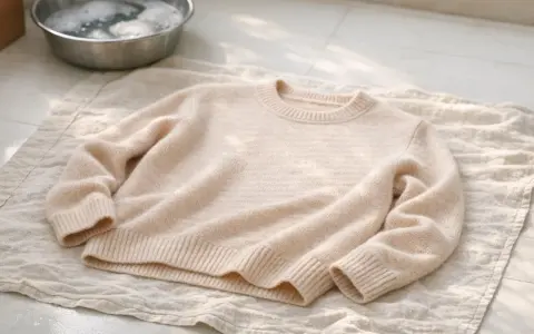 Un pull en laine beige est posé sur une serviette, prêt à laver la laine. Un bol d'eau savonneuse est à proximité.