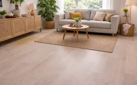 Un salon moderne avec un canapé gris, une table basse en bois et un tapis. Une tache jaune sur le lino, près d'un buffet en rotin, semble tenace.