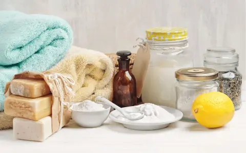 Ingrédients pour une recette lessive maison qui sent bon : savons, bicarbonate de soude, citron, herbes séchées.