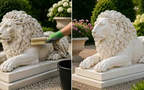 Comment nettoyer une statue de jardin en pierre : une main gantée brosse la crinière d'un lion en pierre. À côté, le lion est propre et resplendissant.