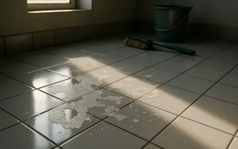 Nettoyage de tomettes avec un seau, une brosse et une flaque d'eau, peut-être pour décaper tomettes acide chlorhydrique.