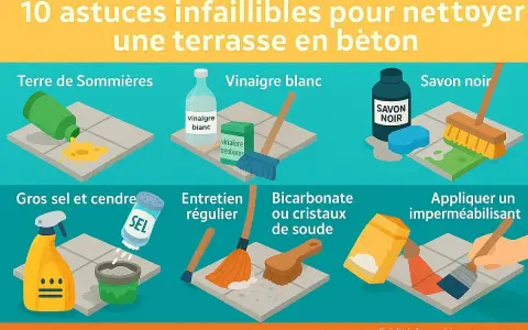 Astuces pour enlever le vert sur terrasse béton : terre de Sommières, vinaigre blanc, savon noir, gros sel, entretien régulier, bicarbonate, imperméabilisant.