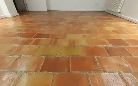 Sol en terre cuite aux tons chauds, avec un joint de barbotine visible entre les carreaux.