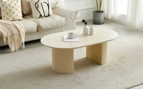 Table basse ovale avec pieds cannelés, sur un tapis doux. Quelle déco avec du travertin, une tasse et des vases sur la table.
