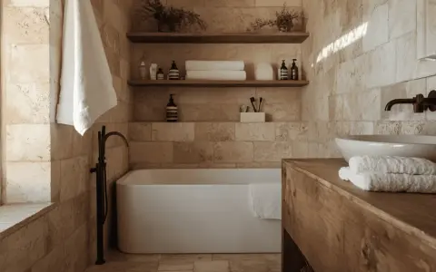 Salle de bain en travertin, baignoire îlot, lavabo sur meuble bois. Avis sur l'entretien travertin : facile et durable.