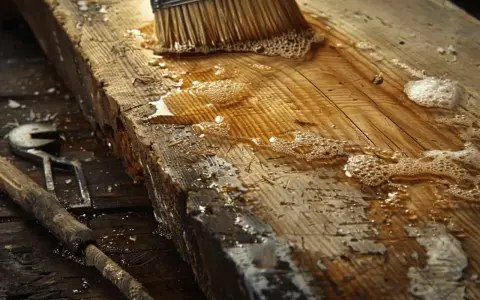 Un pinceau applique un mélange d'huile de lin et d'essence de térébenthine sur une planche de bois brute, près d'une vieille pierre.