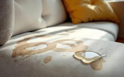 Une tache auréole sur le tissu d'un canapé beige, avec une flaque de liquide brun clair.