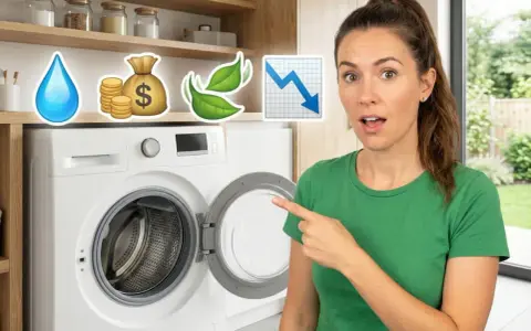 Une femme pointe une machine à laver, avec des icônes symbolisant la réduction de la consommation d'eau et de lessive, et donc des économies.