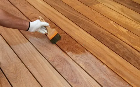Application d'un produit protecteur sur un platelage en bois exotique, révélant sa beauté naturelle.