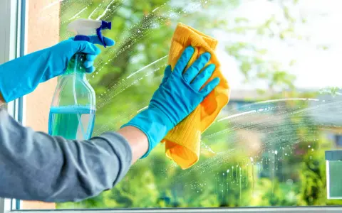 Mains gantées de bleu pulvérisent un produit pour nettoyer les vitres sans traces, puis essuient avec un chiffon jaune.