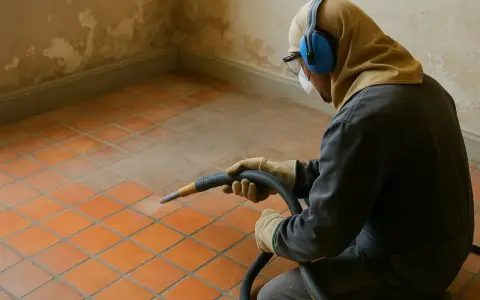 Un ouvrier protégé utilise un appareil pour décaper un carrelage ancien. La poussière s'élève, révélant la beauté sous-jacente.