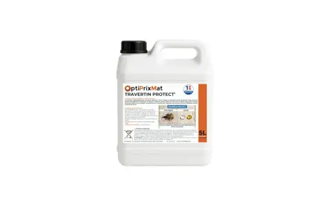 Bidon de 5L de Travertin Protect, un produit qui illustre la différence entre hydrofuge et oléofuge pour protéger vos pierres.