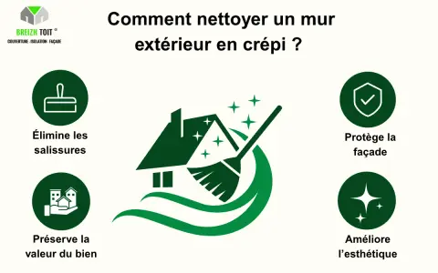Nettoyer un mur extérieur en crépi pour enlever le vert et les salissures. L'image montre une maison propre, protégée et esthétique.