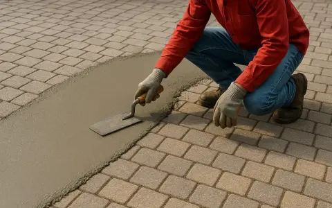 Un ouvrier utilise une truelle pour lisser du mortier sur des pavés autobloquants, préparant le terrain pour une nouvelle finition.