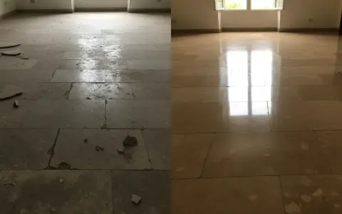 Avant/après : un sol en travertin sale et abîmé transformé en une surface brillante et immaculée.