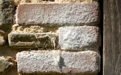 Mur en briques anciennes couvert de salpêtre, la pierre et le bois se côtoient.
