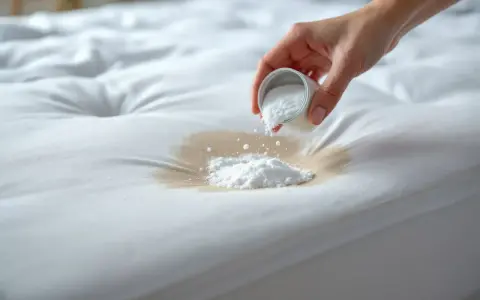 Main blanche, une main verse une poudre blanche sur une tache sur un matelas. Aide à nettoyer matelas pipi.