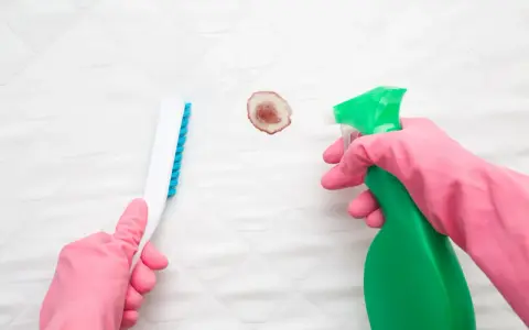 Mains gantées de rose utilisant un spray et une brosse pour enlever une tache de sang déjà lavée sur un matelas blanc.