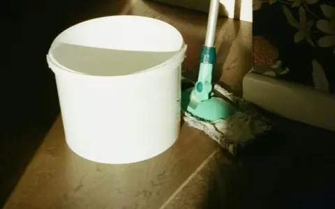 Seau blanc et serpillère verte prêts pour un nettoyage de sol maison. La lumière du soleil éclaire la scène.