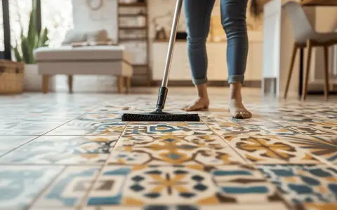 Une personne nettoie des carreaux de ciment anciens avec une brosse.