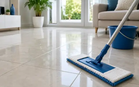 Un balai bleu et blanc est prêt à laver le carrelage sans trace. Un seau bleu est à proximité.
