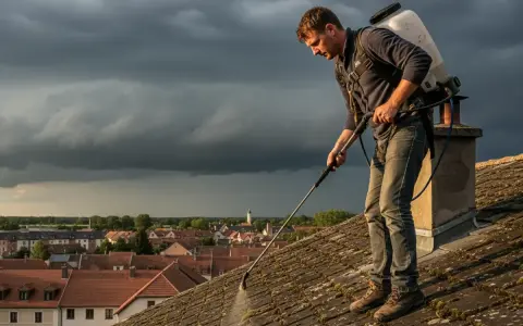 Un homme traite un toit couvert de mousse, sous un ciel orageux. Il se demande combien de temps avant pluie son anti-mousse sera efficace.