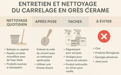 Guide d'entretien pour le nettoyage de carrelage neuf : quotidien, après pose, taches et produits à éviter.