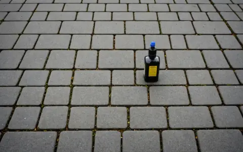 Bouteille de vinaigre blanc sur des pavés autobloquants gris, prête pour un nettoyage écologique.