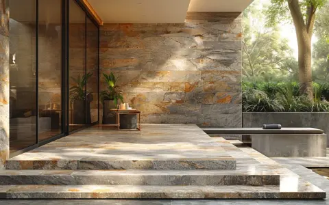 Escalier en pose travertin sur dalle béton, menant à une terrasse moderne avec mur en pierre naturelle et végétation luxuriante.