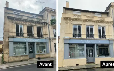 Avant/Après : un mur en pierre intérieur noirci a été nettoyé, révélant sa beauté naturelle.