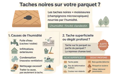 Illustration d'un parquet avec une tache noire, symbole de moisissures causées par l'humidité. Le parquet noirci par l'humidité est un problème à traiter.